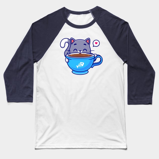 Cute Cat Drink Coffee Cartoon Baseball T-Shirt by Catalyst Labs